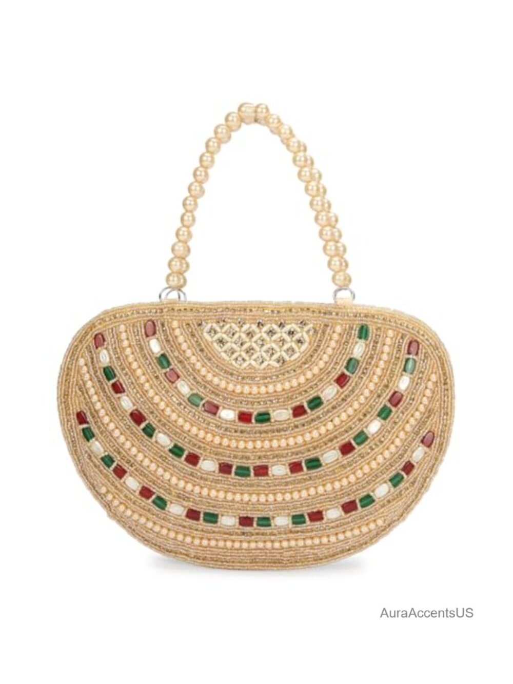 Vintage Beaded Evening Clutch, Pearl Embellished Box Purse with Gold-Tone Finish